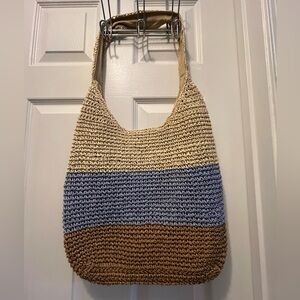 NWT Made in Vietnam Tan, Blue, and Cream Boho Straw Woven Crossbody Bag